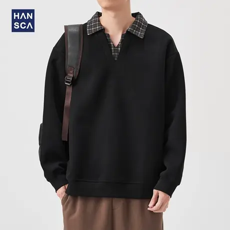 hansca 秋季复古假两件格纹V领卫衣男士重磅2025新款撞色拼接上衣商品大图