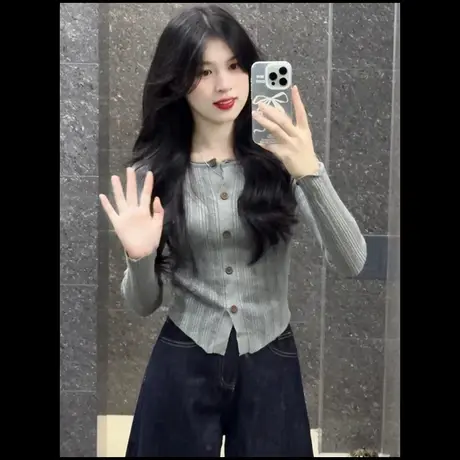 毛衣针织开衫外套女早秋季穿搭氛围感韩系慵懒风修身短款长袖上衣商品大图