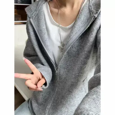 灰色美式复古连帽毛衣男款秋冬慵懒风高级感针织开衫情侣卫衣外套商品大图