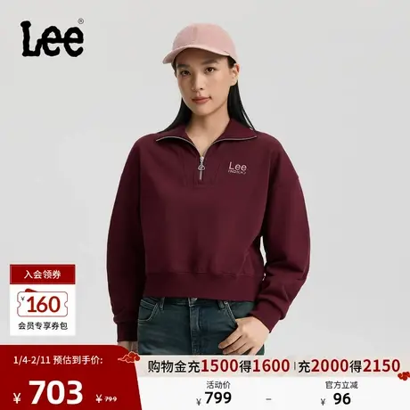 Lee商场同款25秋冬新品舒适版半拉链领Logo印花酒红色女卫衣潮流图片