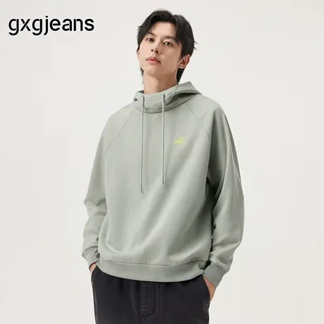 gxg.jeans男装 灰绿色趣味印花宽松时尚连帽卫衣套头衫男25冬新品图片