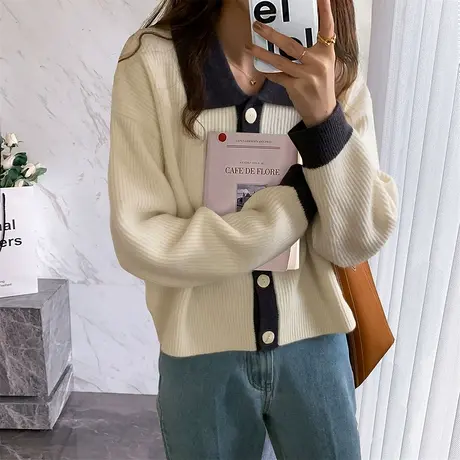 唐狮秋冬季撞色翻领复古开衫女针织外套春高级感毛衣潮简约通勤TE图片