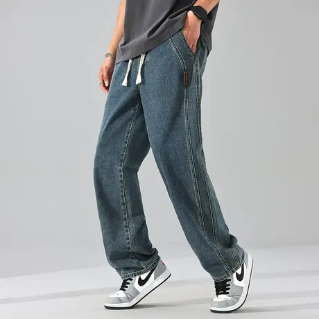 唐狮夏季新款男牛仔裤抽绳阔腿裤薄款直筒宽松显瘦复古裤子男TE商品大图