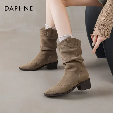 达芙妮堆堆靴女2025秋冬中筒靴子法式复古西部牛仔短靴骑士马丁靴商品大图