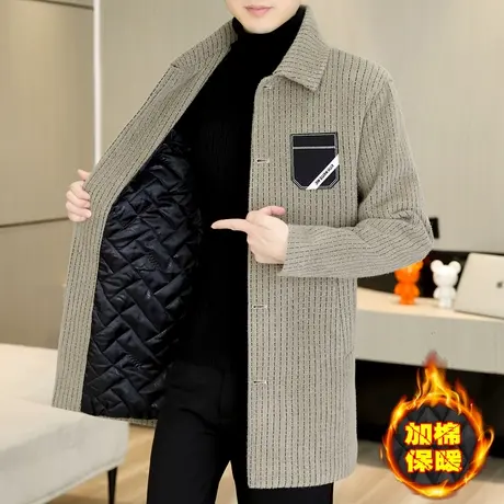冬装男士加棉加厚呢子风衣潮流痞帅男装条纹中长款金貂绒大衣外套图片