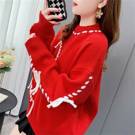 设计感绑带红色圆领毛衣女外穿2022新款韩版宽松洋气百搭针织上衣商品大图