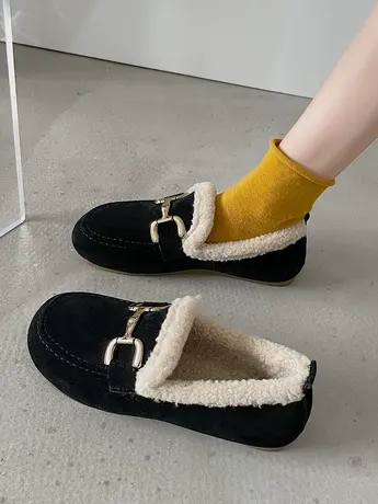 豆豆鞋女2023秋冬新款百搭复古软底磨砂防滑一脚蹬乐福鞋平底棉鞋商品大图