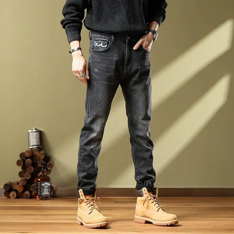 百搭刮烂牛仔裤男士时尚休闲小直筒修身牛仔裤子水洗宽松休闲长裤商品大图