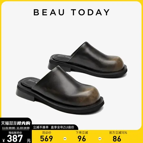 BeauToday外穿拖鞋2023秋冬新款包头拖BT真皮复古女款厚底懒人鞋商品大图