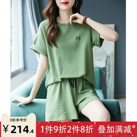 宝诗黎圆领短袖T恤松紧腰短裤两件套2023夏季纯色宽松棉质套装女商品大图