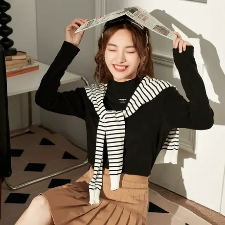 唐狮半高领长袖打底衫女秋冬加绒设计感别致内搭修身长袖上衣图片
