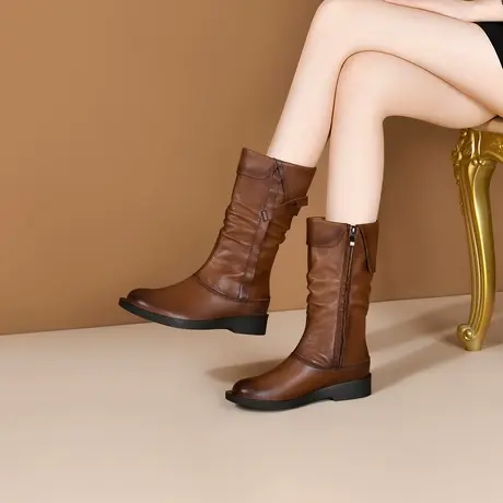 真皮骑士靴新款中高筒靴秋冬季靴子平跟复古百搭圆头棕色堆堆靴女商品大图