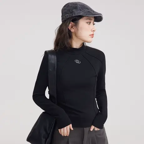 尔给黑色半高领打底衫女2023新款秋冬小个子t恤修身长袖内搭上衣商品大图