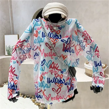 夏季2023年新款网纱防晒衫辣妹上衣设计感宽松扎染长袖T恤女装潮商品大图