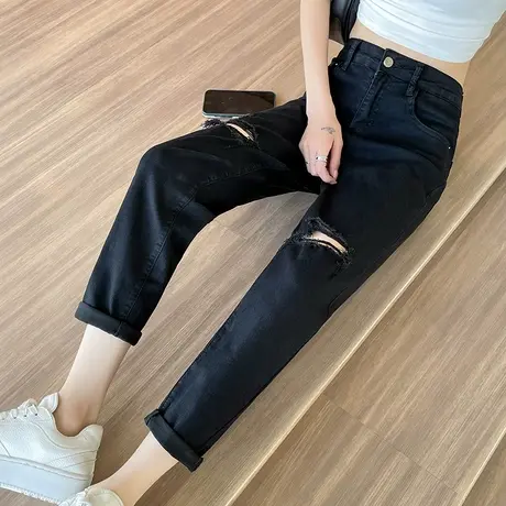 黑色破洞高腰牛仔裤女春夏薄款小个子宽松显瘦哈伦裤子萝卜老爹裤商品大图