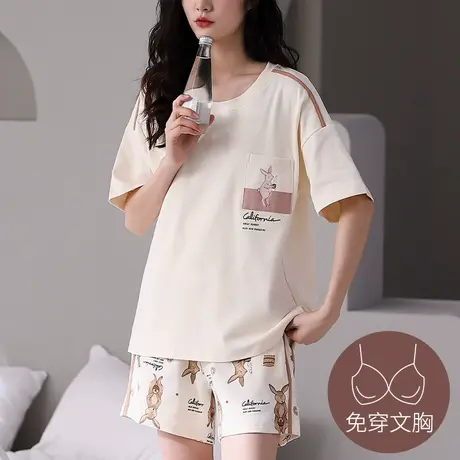 带胸垫睡衣女款夏季薄款纯棉短袖短裤套装2023新款大码宽松家居服商品大图