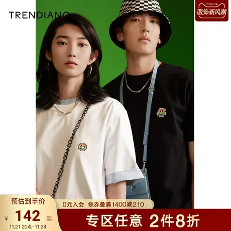 TRENDIANO情侣白色短袖t恤夏季新款国潮印花圆领纯棉男生上衣潮商品大图