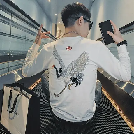 夏季男士长袖t恤上衣短袖刺绣潮流体恤网红潮牌飞鹤百搭时尚休闲商品大图