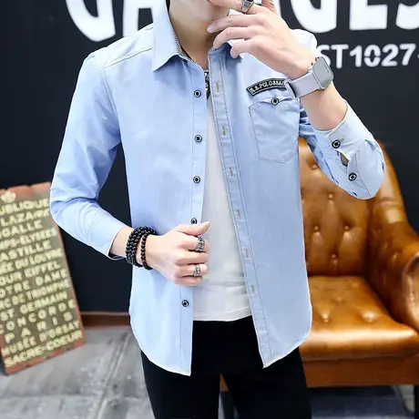 英伦复古男士牛仔衬衫休闲韩版青年修身长袖衬衣潮男牛仔上衣外套商品大图