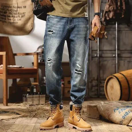 重磅复古工装牛仔裤男2022春夏直筒宽松百搭锥形大码阔腿破洞裤潮商品大图