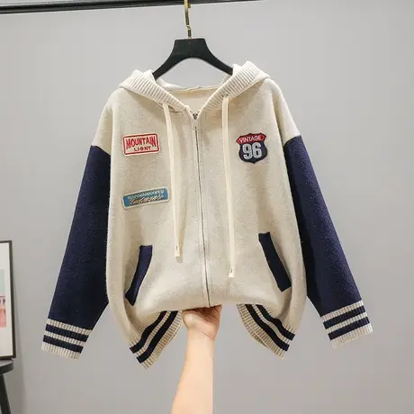 2023春装新款韩版宽松针织衫拉链帽子衫女长袖网红学院风开衫外套商品大图