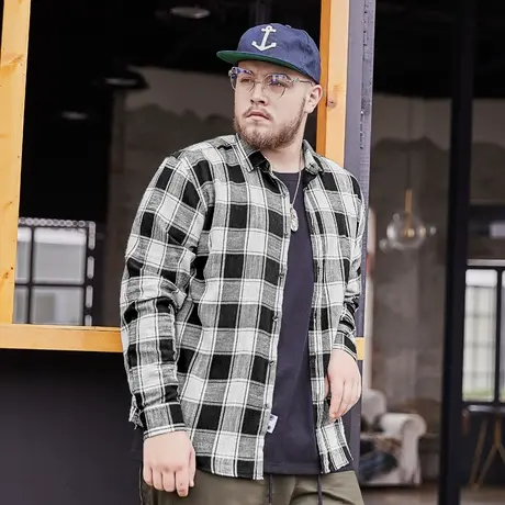 胖哥哥大码黑白格子衬衫男潮流新款宽松加肥加大胖子男装长袖衬衣图片