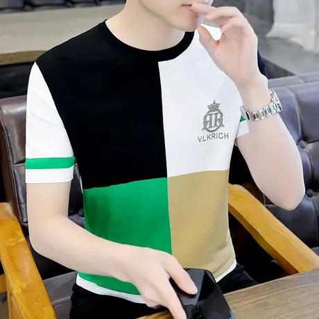 冰丝短袖男夏季薄款t恤潮牌烫钻衣服2022新款ins冰麻夏装撞色体恤商品大图