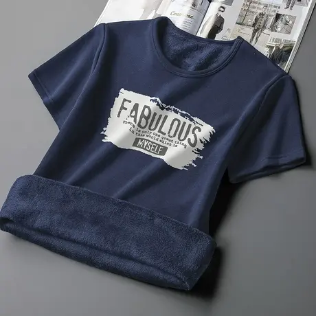 短袖t恤男装圆领印花上衣服内搭打底衫半袖秋冬保暖加绒加厚体恤商品大图