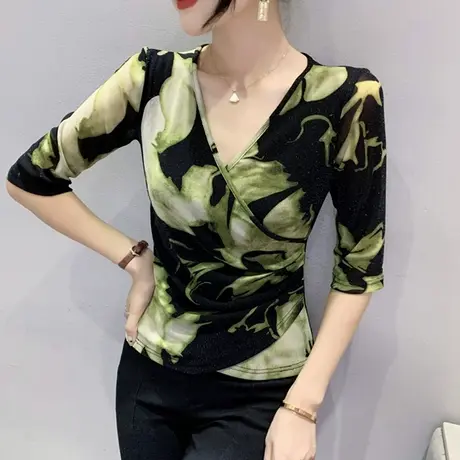 初秋新款交叉V领网纱T恤女中袖性感气质修身上衣复古印花百搭小衫商品大图