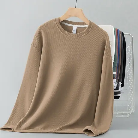 男士卫衣华夫格潮牌秋冬款加绒加厚圆领纯色套头无帽上衣长袖t恤商品大图