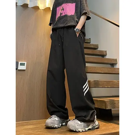 2024夏季新款抽绳束脚三杠运动冰丝休闲裤男ins潮流阔腿直筒长裤图片