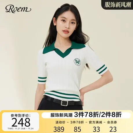 ROEM商场同款学院风少女短袖毛针织衫2023春夏新款修身polo领上衣图片