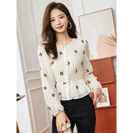 时尚气质碎花长袖衬衫2023年夏季新款淑女温柔圆领修身显瘦上衣商品大图