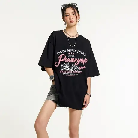 黑色t恤女夏季短袖潮牌美式复古玫瑰2025新款纯棉宽松上衣体恤商品大图