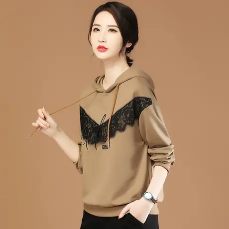 韩潮袭人连帽蕾丝拼接长袖卫衣女2023秋季新款百搭显瘦刺绣上衣薄图片
