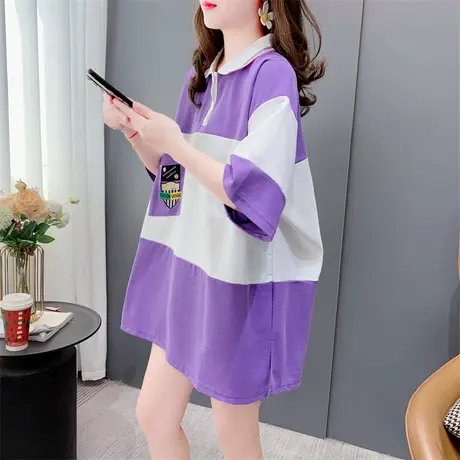 Polo衫短袖t恤女中长款2023新款春夏宽松减龄拼色休闲半袖上衣ins图片
