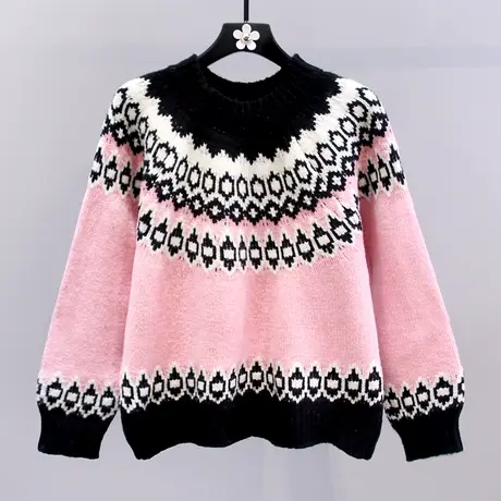复古慵懒风圣诞提花毛衣女秋冬2023新款宽松加厚撞色圆领针织上衣商品大图