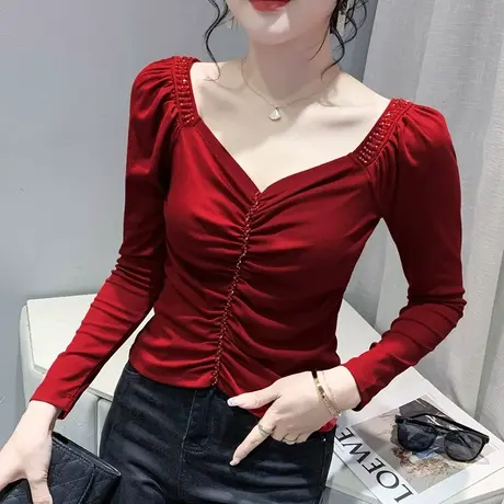 性感V领钉珠长袖T恤女欧货设计感褶皱洋气上衣春季内搭短款打底衫商品大图