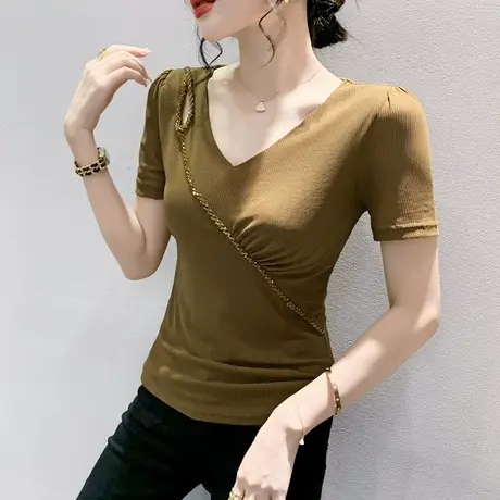 性感网纱小衫女短袖2024夏季新款时尚V领T恤洋气钉珠上衣设计感潮图片