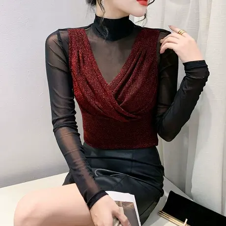 性感网纱褶接假两件上衣气质交叉烫钻立领T恤女长袖修身减龄小衫商品大图