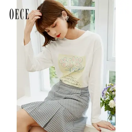 Oece白色纯棉T恤春季新款女装气质长袖上衣夏法式小众打底衫图片