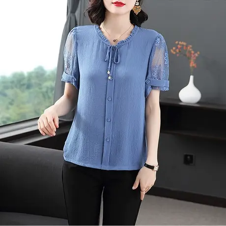 夏装雪纺衫女2023新款别致洋气网纱短袖上衣夏装宽松遮肉蕾丝小衫商品大图