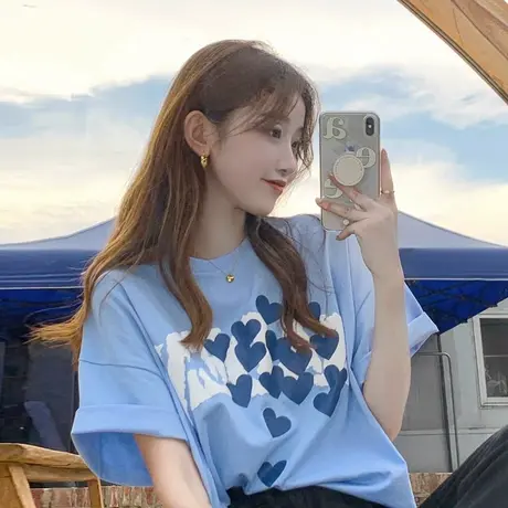 韩系chic爱心印花短袖浅蓝色T恤女夏季宽松纯棉中长款打底上衣潮商品大图