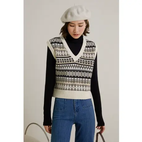 弥古复古提花针织毛衣马甲女小个子春秋叠穿内搭v领毛线背心外穿商品大图