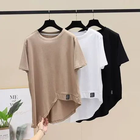 印花休闲上衣女装2023新款下摆不规则短袖t恤圆领套头宽松体恤衫商品大图