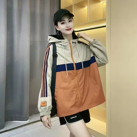 2023秋季拼色休闲棒球服外套女新款宽松连帽冲锋衣百搭风衣上衣潮商品大图