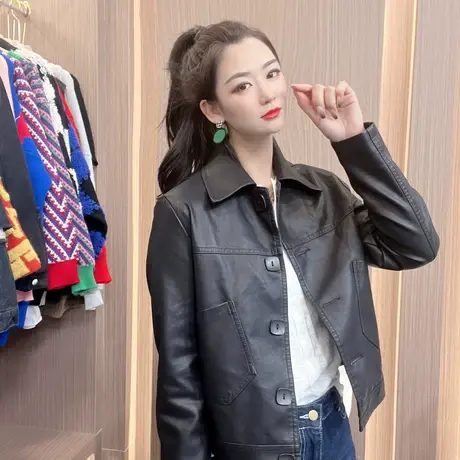 翻领时尚洋气皮衣外套女小个子2023春装新款机车复古短皮夹克上衣图片