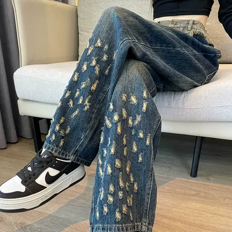 美式拼色破洞直筒牛仔裤女秋冬新款高腰显瘦大码男友风老爹阔腿裤商品大图