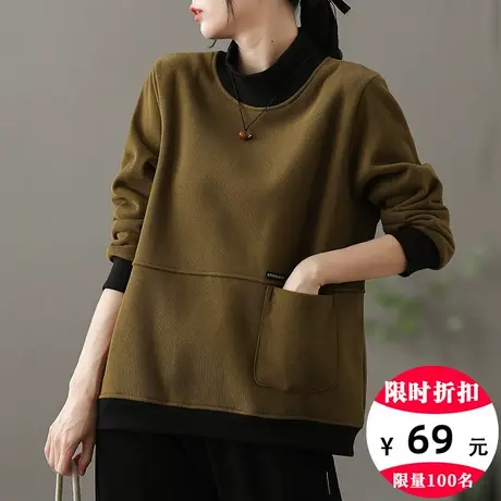 dza 复古高领卫衣加绒加厚女冬季新款宽松无帽显瘦上衣女短款长袖图片