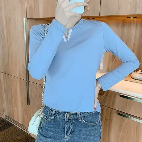 好看t恤女式长袖修身洋气小v领纯棉春秋打底衫上衣体恤ins潮秋衣商品大图